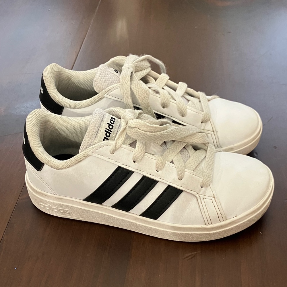 Adidas Kids White and Black Striped Sneakers, EUC, Size 12.5